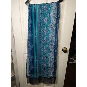 Isa & Steph Semi Sheer Blue Whit Teal Floral Fringe Scarf